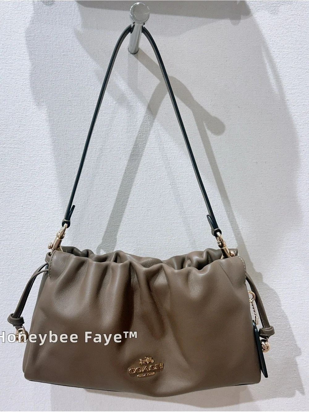 COACH Brown Ruched Leather Shoulder Bag with Gold-Tone Logo cv529 dark stone